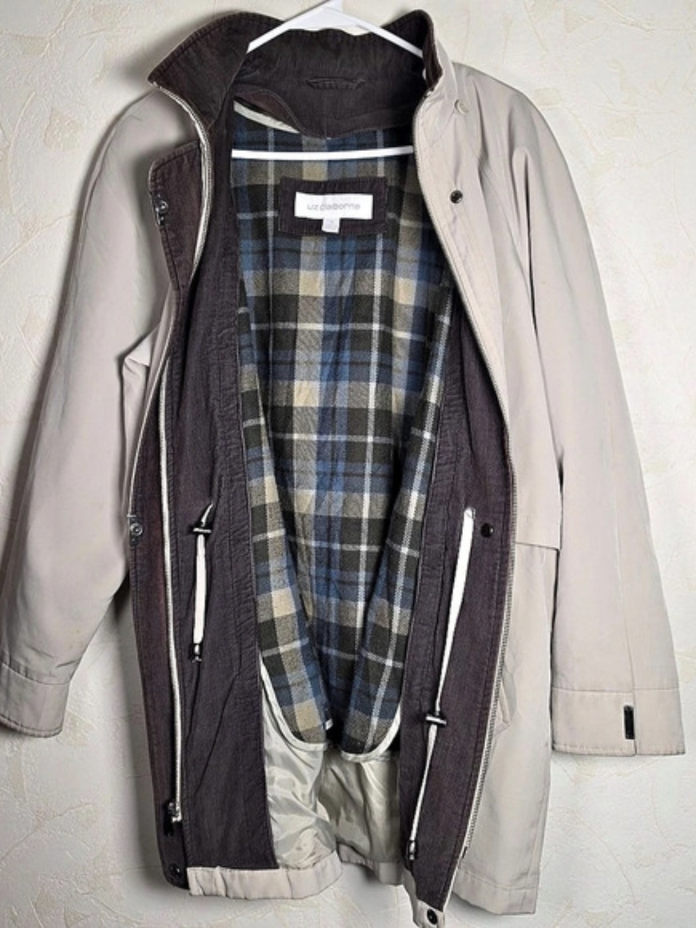 Liz Claiborne Vtg Beige Plaid Lined Anorak Parka Jacket Utility Rain Coat Medium